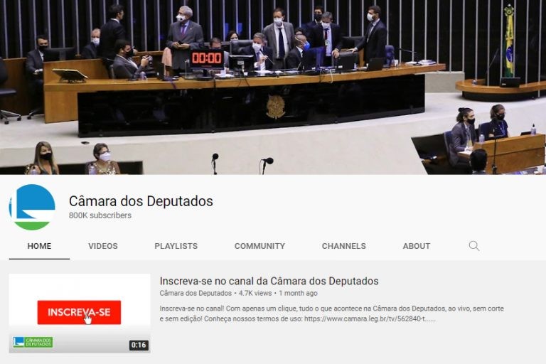 Canal da Câmara dos Deputados no YouTube chega a 800 mil inscritos