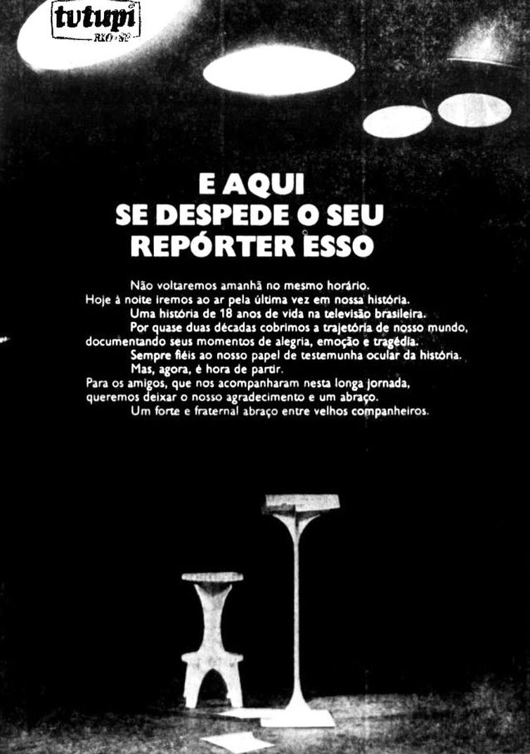 Anúncio comunica a última edição do Repórter Esso na televisão -Divulgação/Repórter Esso